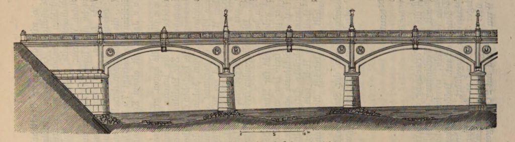 Die Maximiliansbrücke aus dem 19.Jahrhundert in zwei schönen alten Bildern. Einmal der Blick über die Brücke auf das damals noch unbefestigte Ufer der heutigen Widenmayerstraße und im Hintergrund die alte hölzerne Max-Joseph-Brücke. Links ein Blick auf die Brücke, links die Flosslände.