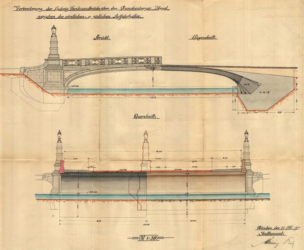 Dieser Plan der Verbreiterung der Ludwig-Ferdinand-Brücke vom 28.Oktober 1911 zeigt, dass bei dieser und allen anderen noch folgenden Verbreiterungen immer versucht wurde, das ursprüngliche Erscheinungsbild der Brücke beizubehalten
