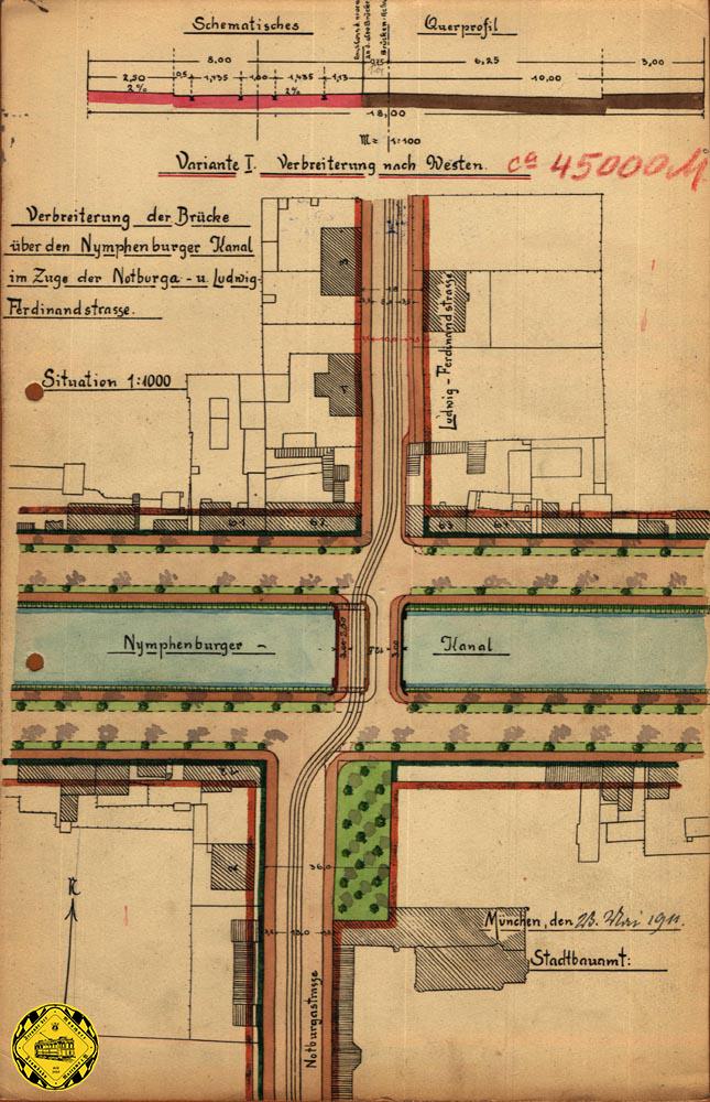 Da standen 1911 die Planer des Stadtbauamtes und der Trambahngesellschaft vor diesen 4 Möglichkeiten, bei der geplanten Erweiterung der Ludwig-Ferdinand-Brücke die richtige Gleislage für die geplante Strecke durch die Nothburgastraße zum Botanischen Garten zu finden. Ein findiger Beamter hatte auch schon mal die ungefähren Preise für die Brücke dazugeschrieben.