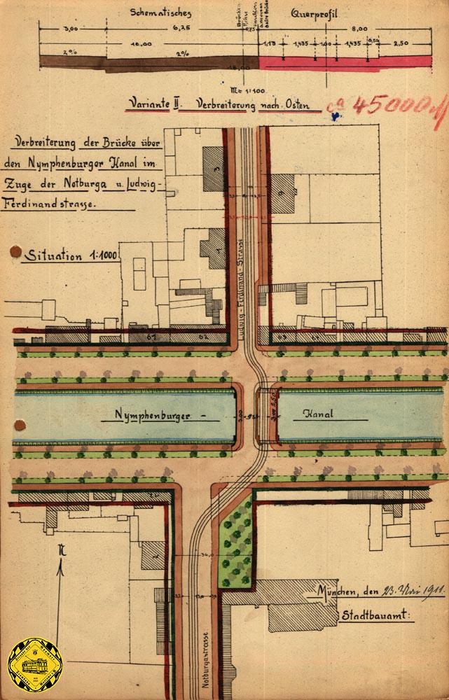 Da standen 1911 die Planer des Stadtbauamtes und der Trambahngesellschaft vor diesen 4 Möglichkeiten, bei der geplanten Erweiterung der Ludwig-Ferdinand-Brücke die richtige Gleislage für die geplante Strecke durch die Nothburgastraße zum Botanischen Garten zu finden. Ein findiger Beamter hatte auch schon mal die ungefähren Preise für die Brücke dazugeschrieben.