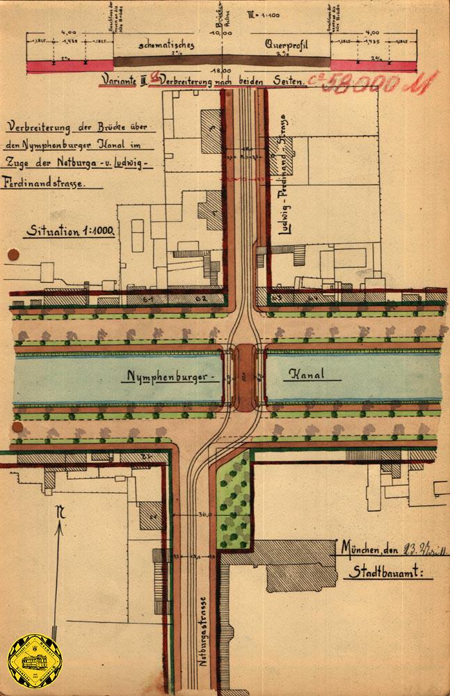 Da standen 1911 die Planer des Stadtbauamtes und der Trambahngesellschaft vor diesen 4 Möglichkeiten, bei der geplanten Erweiterung der Ludwig-Ferdinand-Brücke die richtige Gleislage für die geplante Strecke durch die Nothburgastraße zum Botanischen Garten zu finden. Ein findiger Beamter hatte auch schon mal die ungefähren Preise für die Brücke dazugeschrieben.