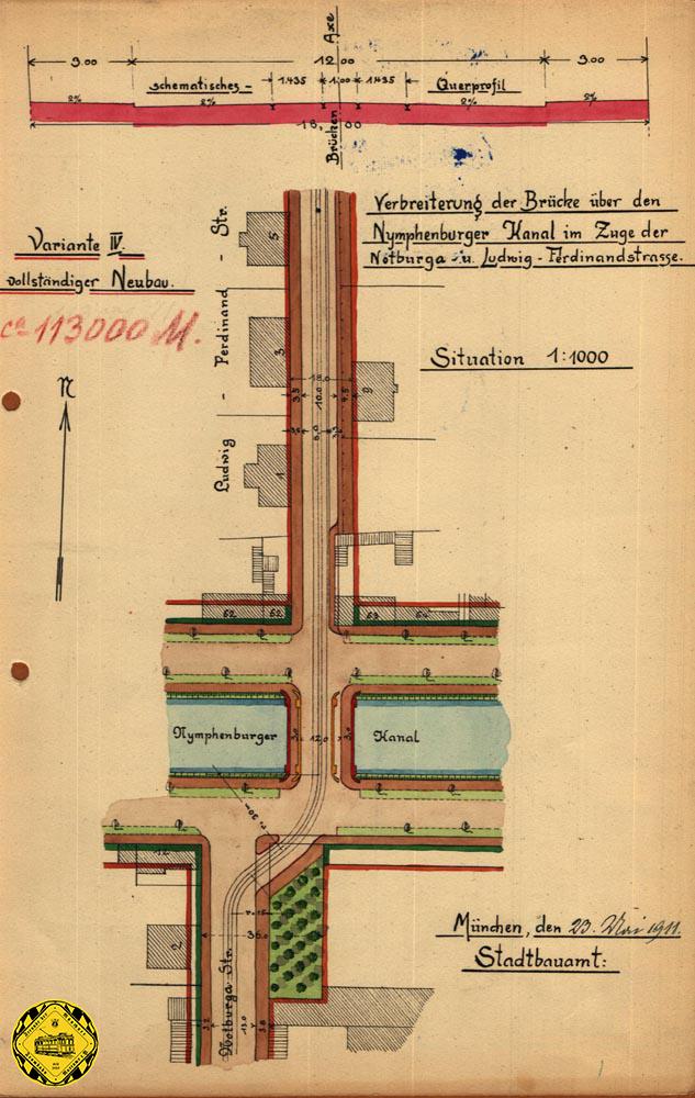 Im Februar 1912 kam noch ein weiterer Vorschlag auf den Planungstisch: eine Schleife und eine Überquerung des sogenannten "Nymphenburger Kessels", wie das Wasser an dieser Stelle in den Beschreibungen genannt wurde.