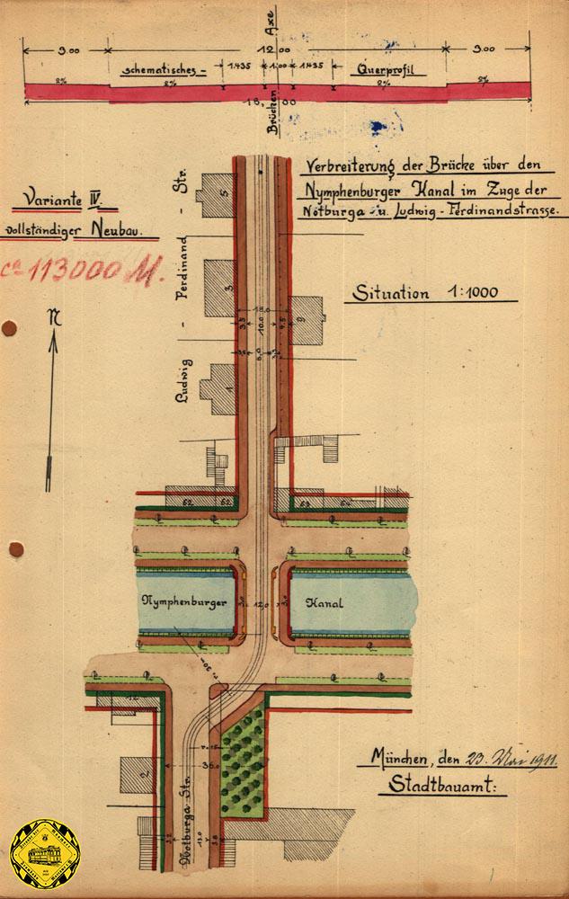 Im Februar 1912 kam noch ein weiterer Vorschlag auf den Planungstisch: eine Schleife und eine Überquerung des sogenannten "Nymphenburger Kessels", wie das Wasser an dieser Stelle in den Beschreibungen genannt wurde. 