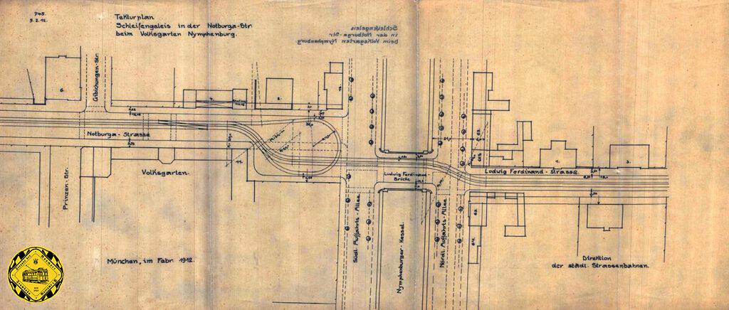 Im Februar 1912 kam noch ein weiterer Vorschlag auf den Planungstisch: eine Schleife und eine Überquerung des sogenannten "Nymphenburger Kessels", wie das Wasser an dieser Stelle in den Beschreibungen genannt wurde. 
