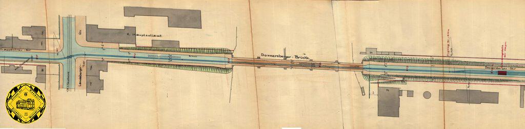 Hier also der Entwurf vom Januar 1914 einer eingleisigen Trambahnführung über die Donnersbergerbrücke. die eingleisige Führung auf der Donnersbergerbrücke war auch ein Zugeständnis an die Tragkraft der Brücke, es konnte sich immer nur ein Treibwagen auf der alten Brücke befinden. 