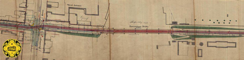 Dieser Plan vom November 1918  zeigt bereits das neue Zollamt und im südlichen Bereich eine Erweiterung der Brücke. Die 5 Bögen der alten Brücke waren nicht mehr ausreichend und wurden mit einer Betonbrücke verlängert.