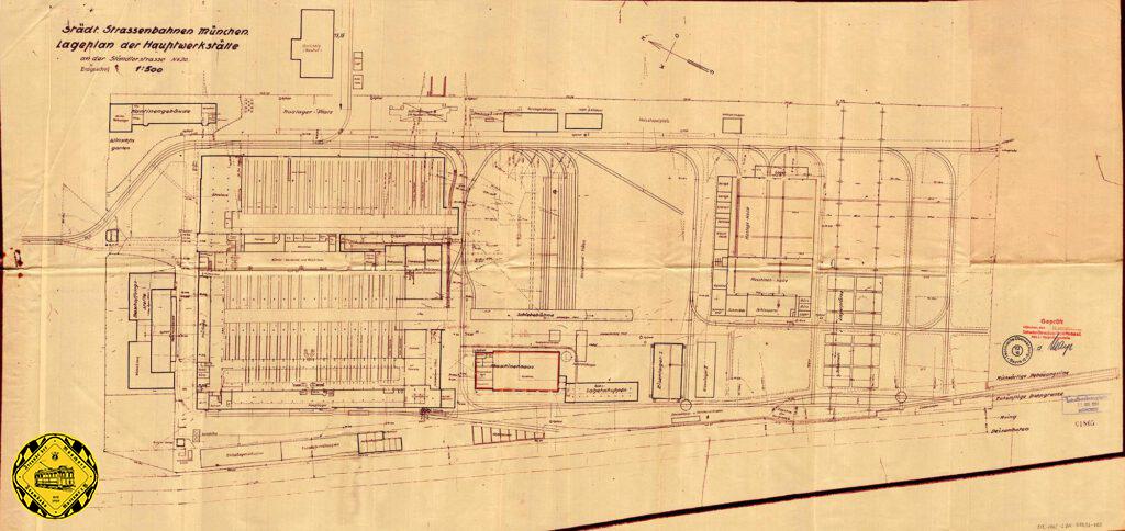 Die Hauptwerkstätte ist 1954 wieder im Normalbetrieb. Der Lageplan vom Juli 1954 zeigt die Schienenführungen im Gelände und die verschiedenen Betriebsgebäude, das Kesselhaus ist rot markiert vom Planzeichner.