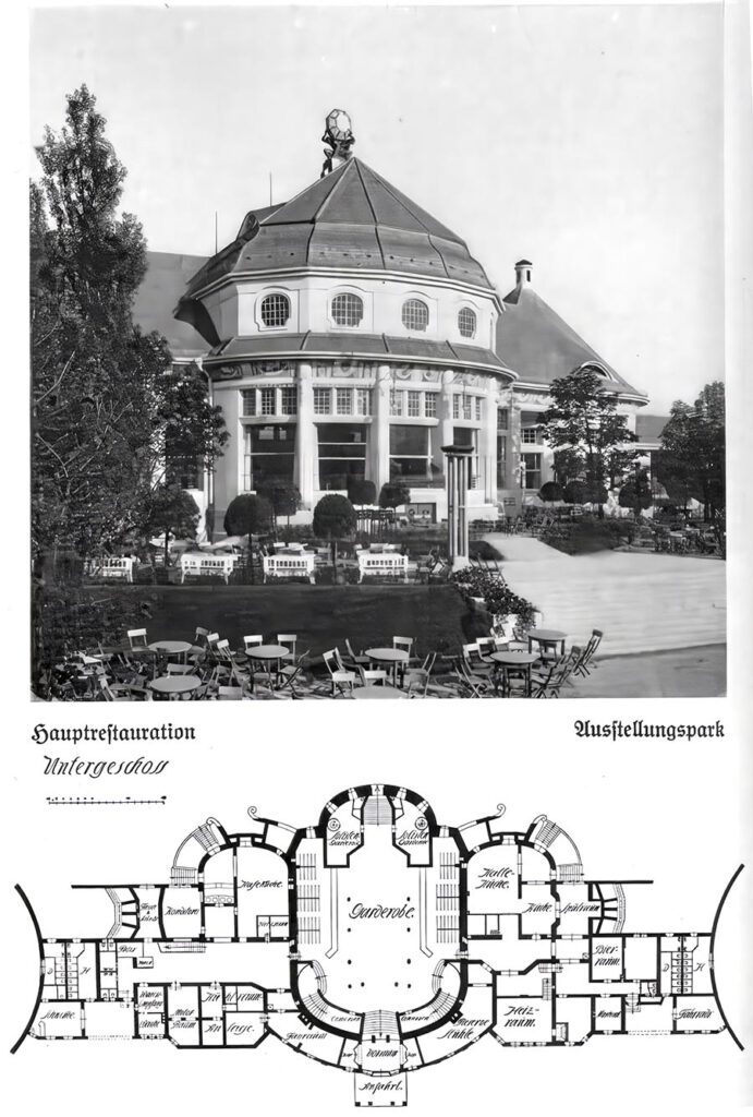Aufbau, Grundriss und Ansicht der Hauptrestauration an der Ganghoferstraße.