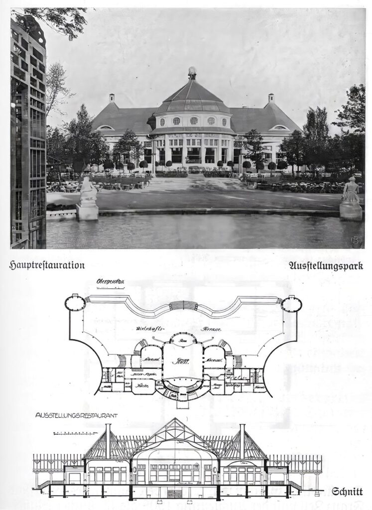 Aufbau, Grundriss und Ansicht der Hauptrestauration an der Ganghoferstraße.