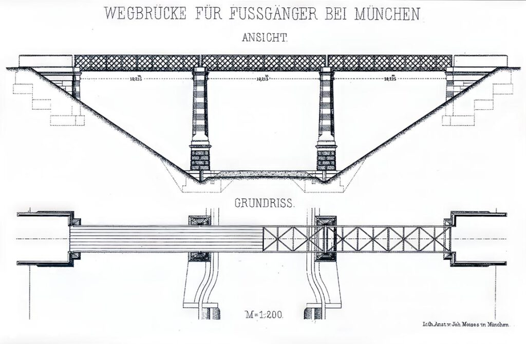Als Fußgängerbrücke eigentlich außer Konkurrenz, ist der Schmederersteg doch eine kleine Berühmtheit in München: es ist die älteste Brücke. Nebenbei ist diese Brücke auch ein echter Hingucker. Es ist eine Eisenkonstruktion, die auf zwei Pfeilern ruht und beidseitig auf Widerlagern.