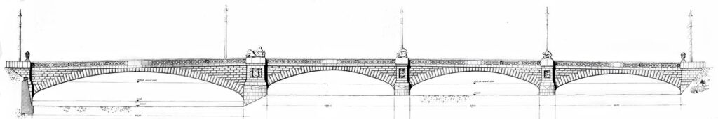 Die neue Brücke hat eine Tragfähigkeit von 60 t, ist also schon für den Trambahnverkehr gebaut. Sie besteht aus 4 Feldern mit Dreigelenkbogen aus Stampfbeton, die mit Muschelkalkstein verkleidet sind. Die Einzelbögen haben eine Spannweite von 26,00 m, 27,00 m, 28,00 m und 44,00 m, das ergibt eine Gesamtlänge von 134,60 m bei 24 m Breite.
