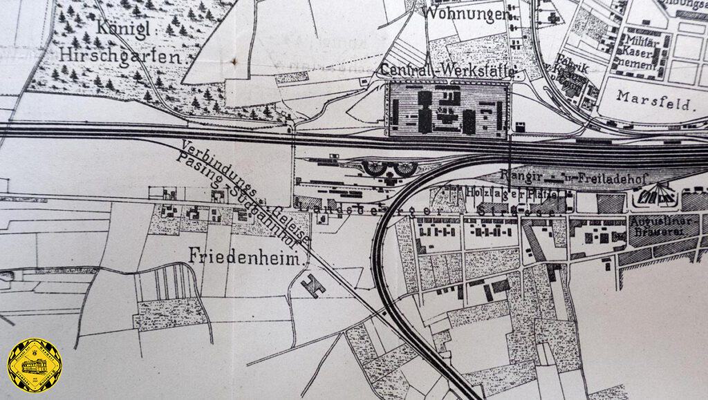 Nach der Fertigstellung der Simacher Strecke im Jahr 1871 vom Hauptbahnhof über den Südbahnhof zum Ostbahnhof plante man auch eine Güterbahn-Verbindung vom Südbahnhof nach Pasing, die allerdings die Landsbergerstraße nochmal kreuzen musste. Kurz darauf ging diese Strecke auch in Betrieb und hatte eine erste Brücke, an der die Landsbergerstraße über diese Strecke führte. 
