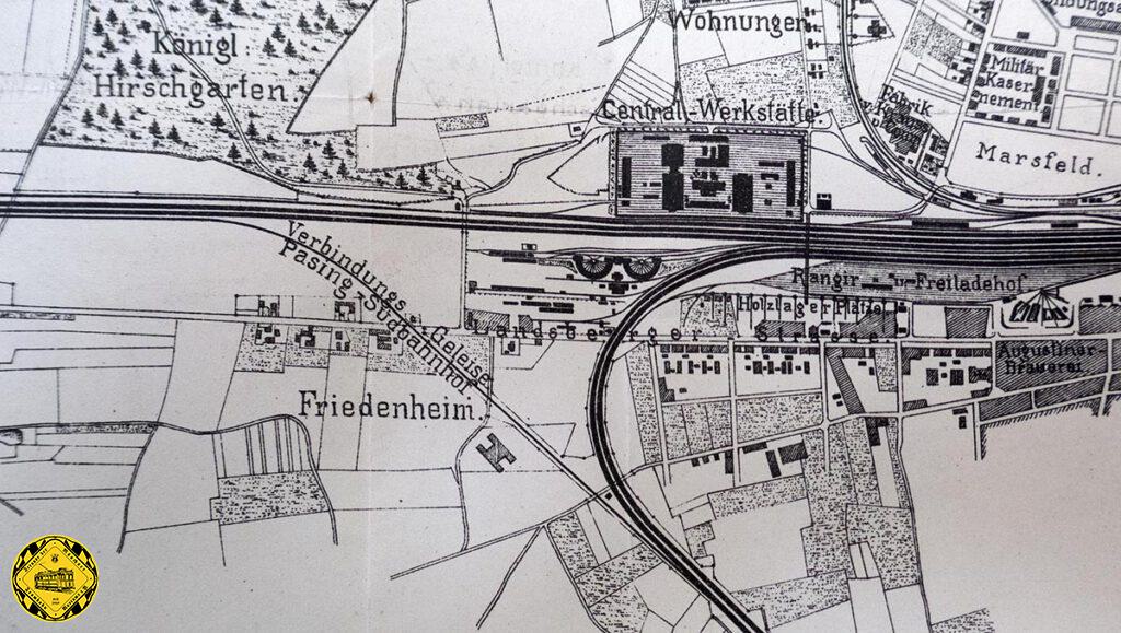 Nach der Fertigstellung der Simacher Strecke im Jahr 1871 vom Hauptbahnhof über den Südbahnhof zum Ostbahnhof plante man auch eine Güterbahn-Verbindung vom Südbahnhof nach Pasing, die allerdings die Landsbergerstraße nochmal kreuzen musste. Kurz darauf ging diese Strecke auch in Betrieb und hatte eine erste Brücke, an der die Landsbergerstraße über diese Strecke führte.