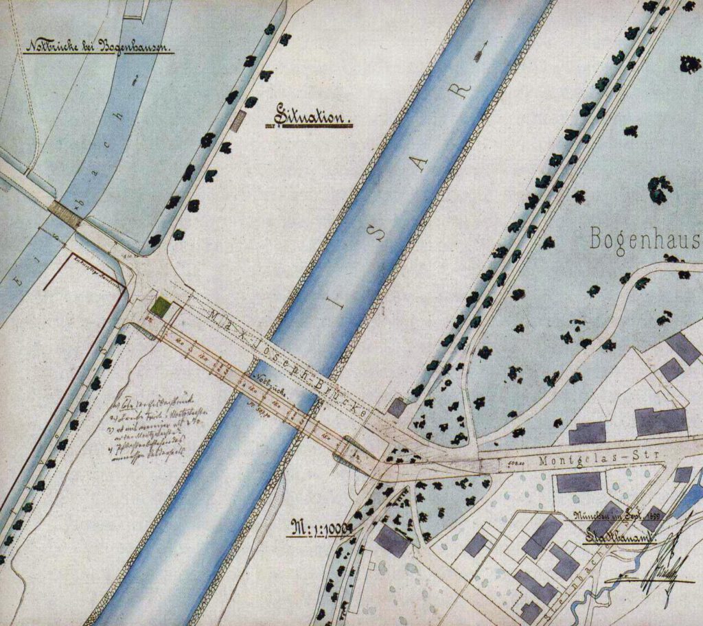 Die Notbrücke stand ein paar Meter isaraufwärts, wie die Karte und das Bild des städtischen Bauamts zeigt. 