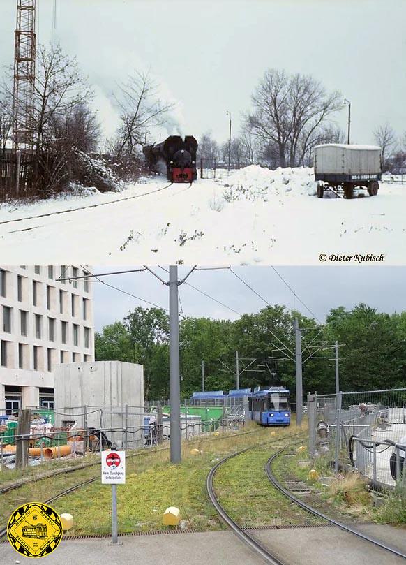 Die Linie 23 kommt stadteinwärts zur Münchner Freiheit. Damals war hier noch keine Haltestelle. Rechts war der große Parkplatz der Metro, links die Baustelle des neuen "Münchner Tors".