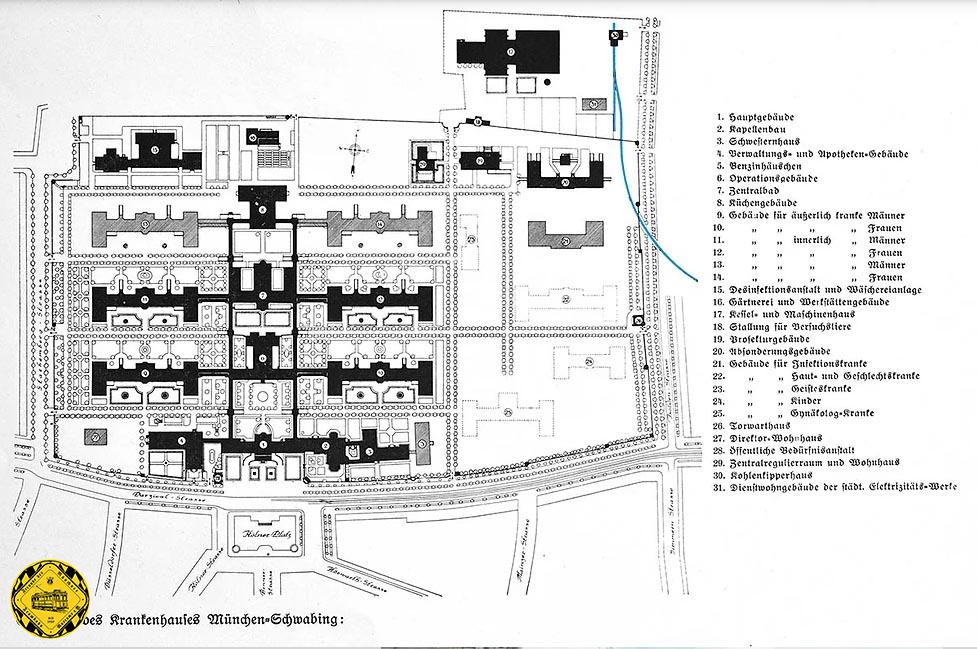 Schwabinger Krankenhaus Die Strecke ging über die Leopoldstraße durch die Heckscherstraße in einem Schwung in das Gelände des Kraftwerks am Schwabinger Krankenhaus. Es war sowohl ein Heizkraftwerk als auch ein Elektrizitätswerk. 