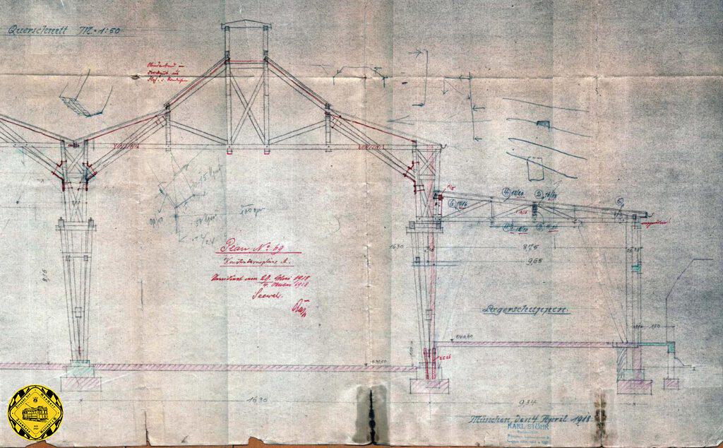 Schon am 3.Mai 1918 plante man das Holzdach uns dessen Statik, wie der Plan rechts zeigt. Es sind bekannte Giebelkonstruktionen aus dieser Epoche, die sich auch bei anderen Hallenbauten bewährt hatten. 