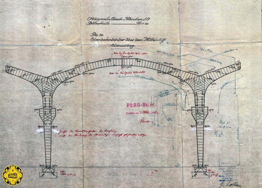Wie man deutlich erkennen kann hat diese Halle ein Betondach, nur weiter oben gelegene Dachteile sind in Holz ausgeführt. In dem nebenstehenden Detailplan sind genaue Statikberechnungen dieser damals noch recht neuen Baumethode. Doch müssen diese Pfeiler und Bögen recht haltbar sein, denn die 1918 gebaute Konstruktion ist heute noch großenteils erhalten und in der nördlichen alten HW-Halle zu bewundern.