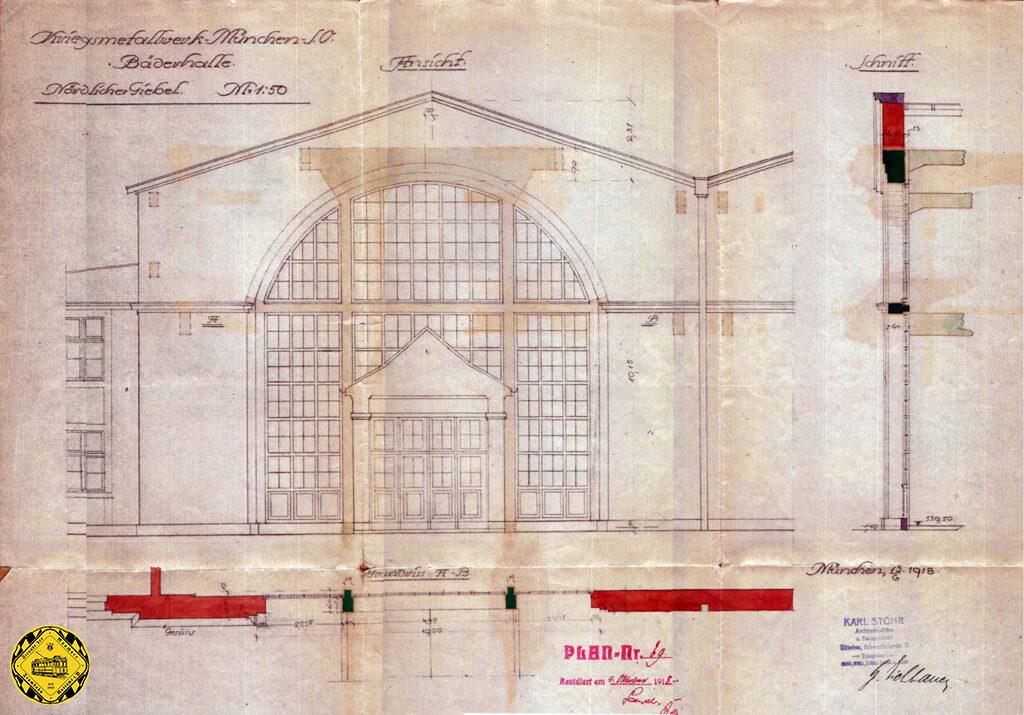 Hier der Bauplan von 1918 zum Eingangstor der Betriebshalle des Kriegsmetallwerks von Norden aus gesehen.