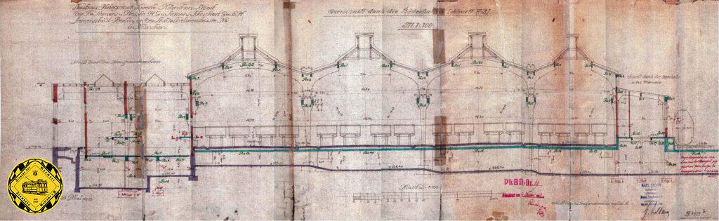 Der Plan aus dem Juni 1918 zeigt wieder einen Querschnitt durch den Gebäudekomplez der Kriegsmetallwerk. Diesmal ist links die Transformatorenstation zu sehen unweit der heutigen Transformatorenstation in der HW. In der Mitte die Bäderhalle für die metallurgischen Prozessen.