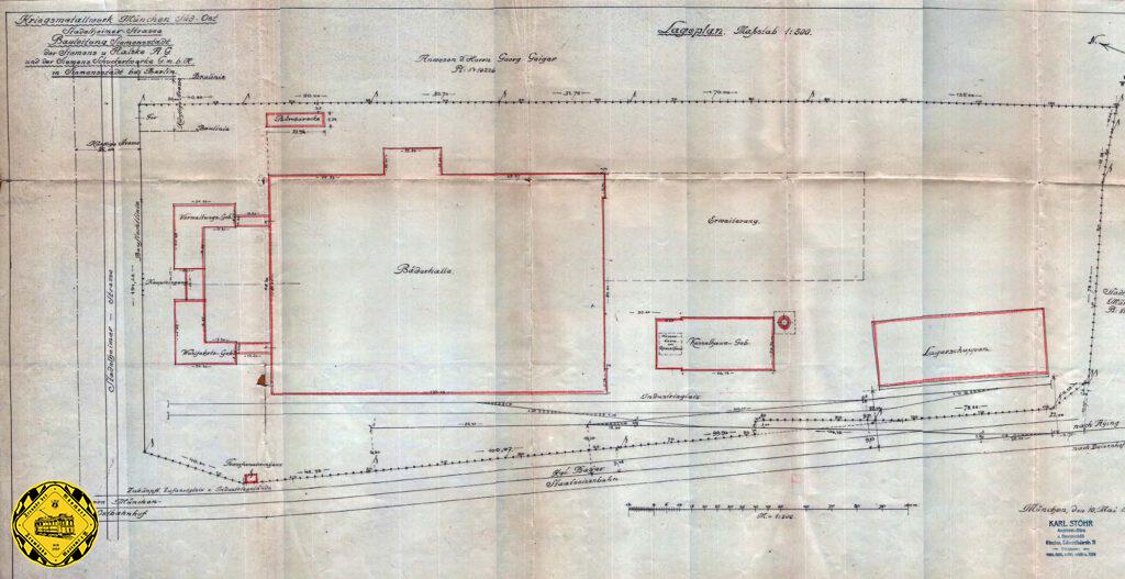 Der Grundriss es entstanden Fabrik-Komplexes der Firma Siemens aus Berlin, errichtet von der Baufirma Stöhr. Das Gebäude ist fertig, - und der Krieg ist aus.  Somit ist dieses Werk nie in Betrieb gegangen.