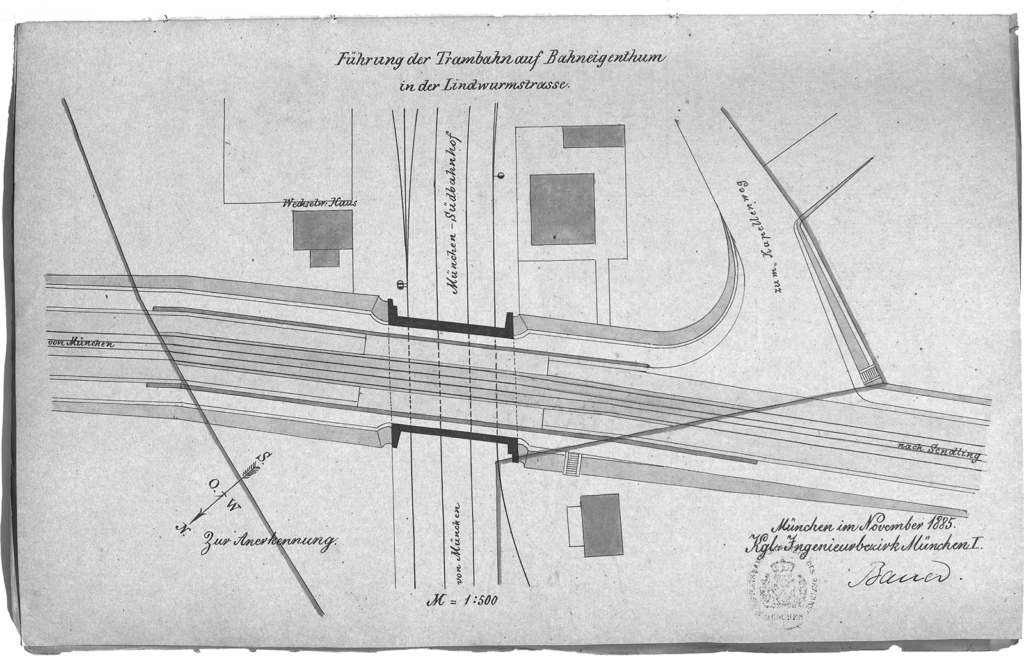 Der königliche Ingenieursbezirk I in München machte sich 1885 nochmal die Mühe, für die Befürworter der Brückenlösung für die Lindwurmstraße über die Bahngleise eine aussagekräftige Grafik anzufertigen. 