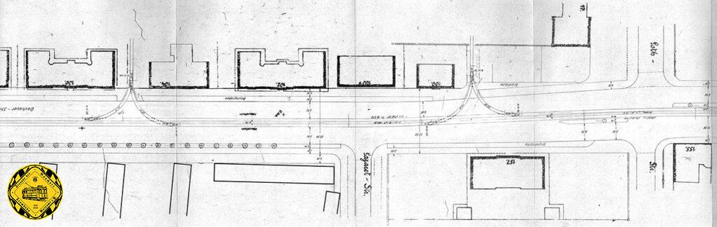 Im Streckenplan der Münchner Trambahn sieht man die Ein- und Ausfahrtsgleise in die Dachauerstrasse. Die Schienen blieben lange liegen und werden nach und nach bei neuer Bebauung entfernt.