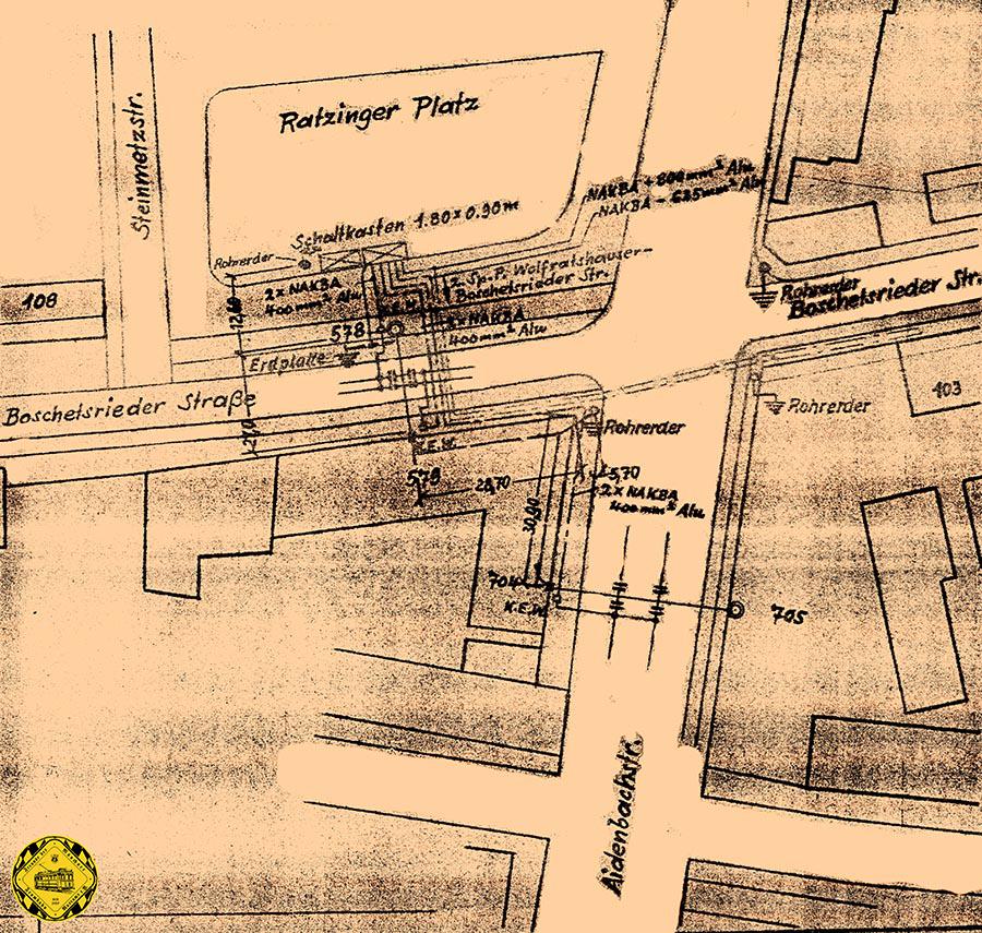 Der Plan der Kabelverteilung an der Boschetsriederstraße an der Kreuzung mit der Aidenbachstraße, dem Ratzingerplatz, von 1947 zeigt die Vorbereitungen für den O-Busbetrieb und die Stromzuführung. Damals fuhr dort noch keine Trambahn, die wendete an der Schleife an der Hofmannstraße.